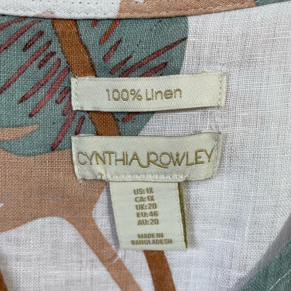 Cynthia Rowley Tropical Linen Button Blouse Roll Sleeve Side Slit Semi Sheer 1X - Picture 5 of 8